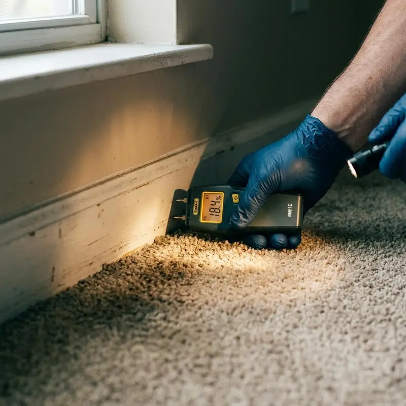 Gloved hand pressing a moisture meter into carpet next to a baseboard