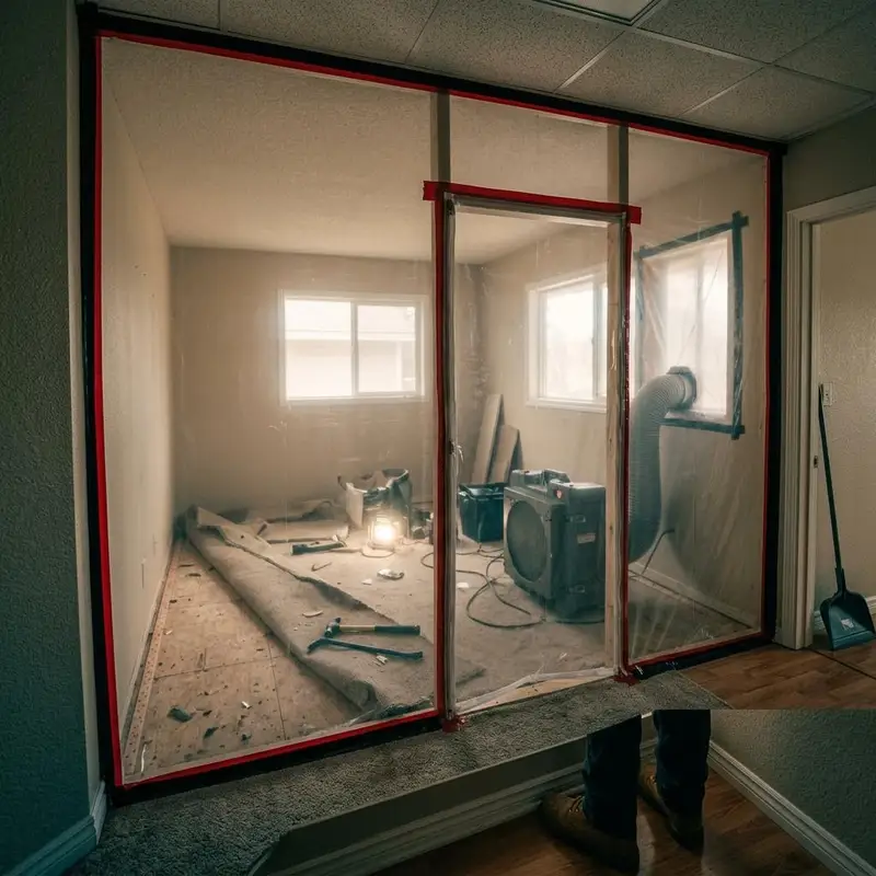 Room sealed with clear plastic containment sheeting while carpet is pulled up inside