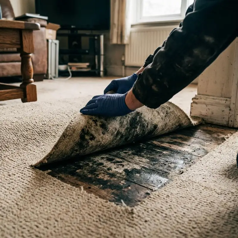 Gloved hands rolling back beige carpet to show dark mold spotting on the underside