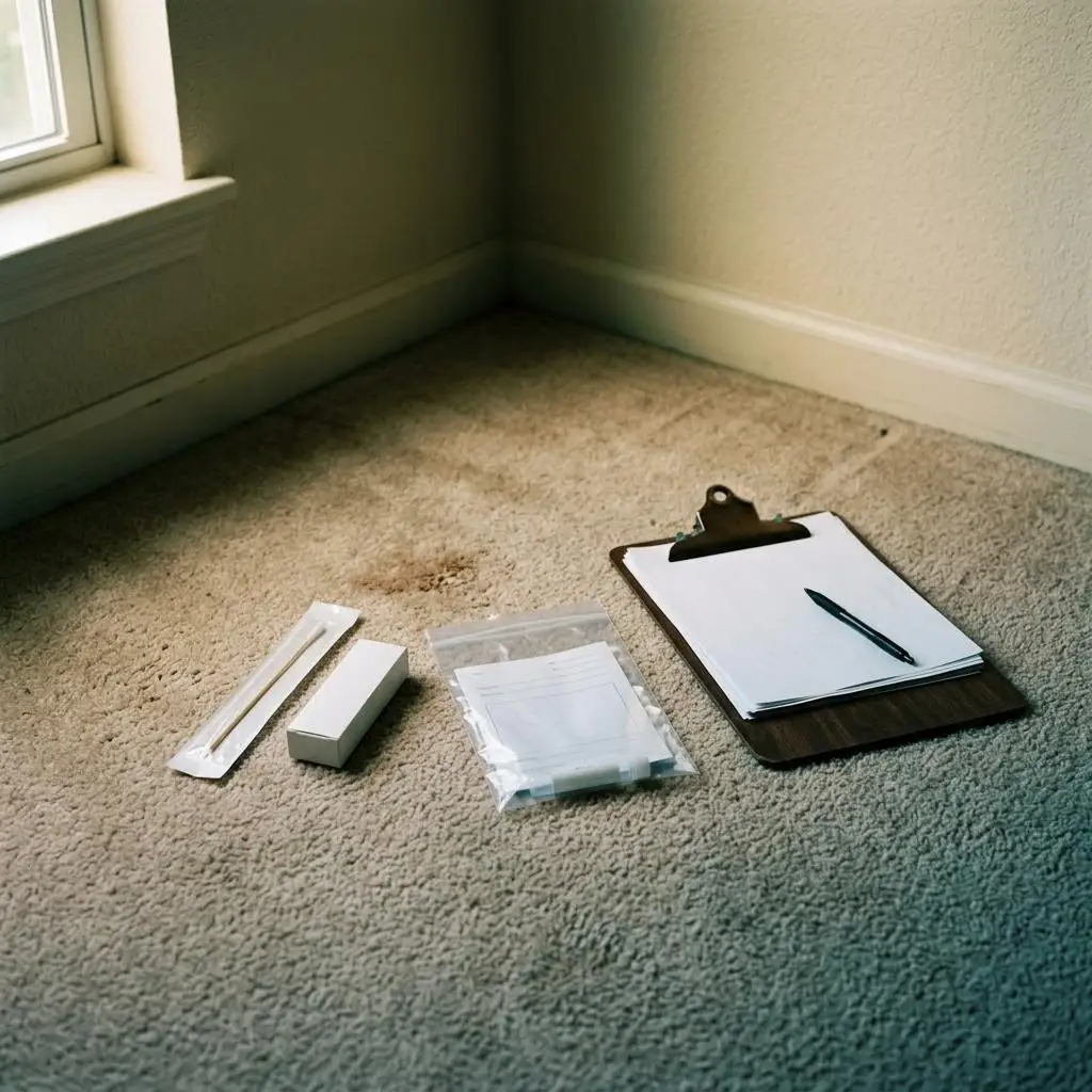 Sterile swab sample kit and sealed sample bag resting on a discolored carpet corner