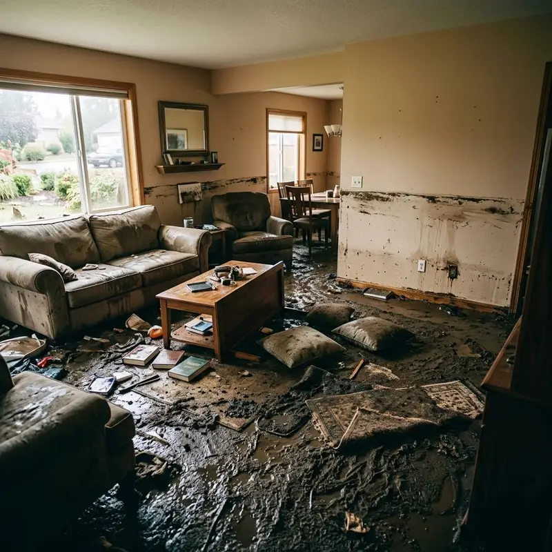 Ground floor living room after flooding with a muddy waterline on drywall and saturated carpet
