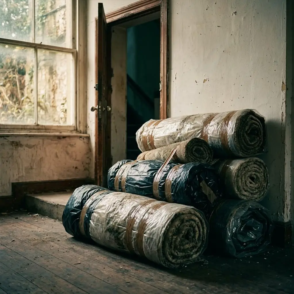 Rolled carpet sections wrapped in heavy plastic sheeting stacked near a doorway