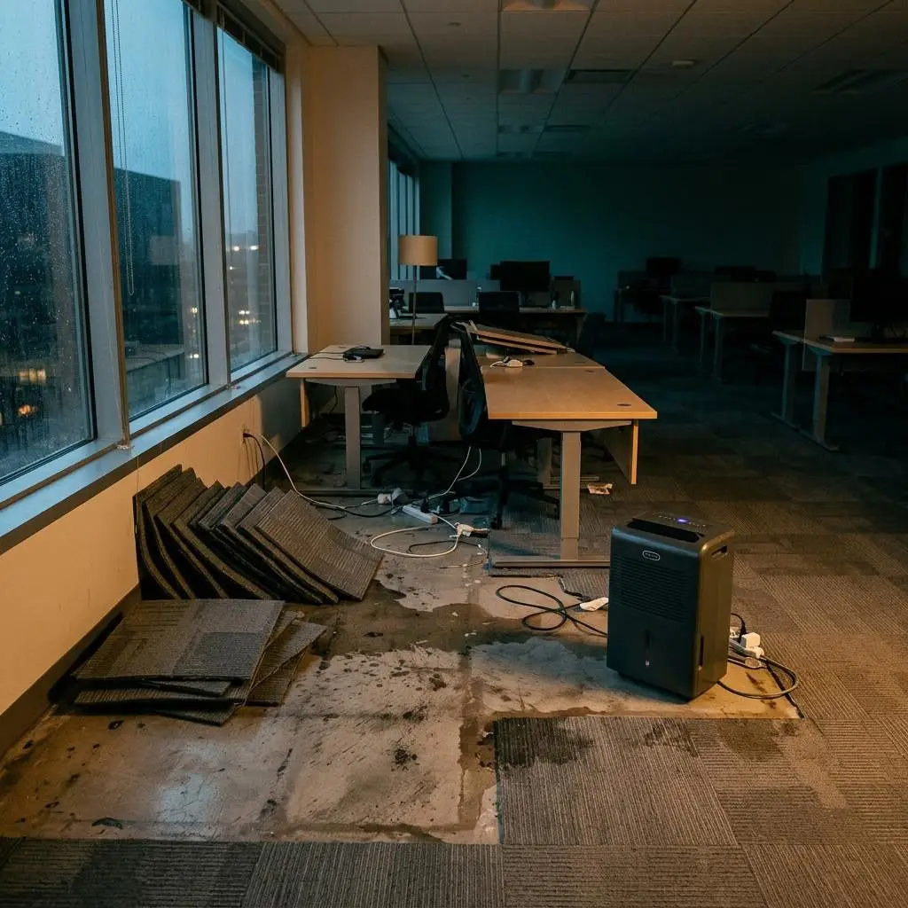 Open office after hours with desks moved and carpet tiles lifted under a leaking window