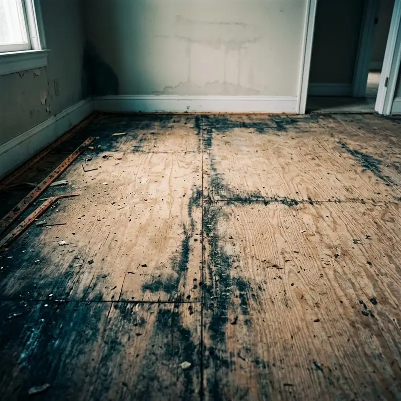 Exposed plywood subfloor with dark mold staining along the seams after carpet removal