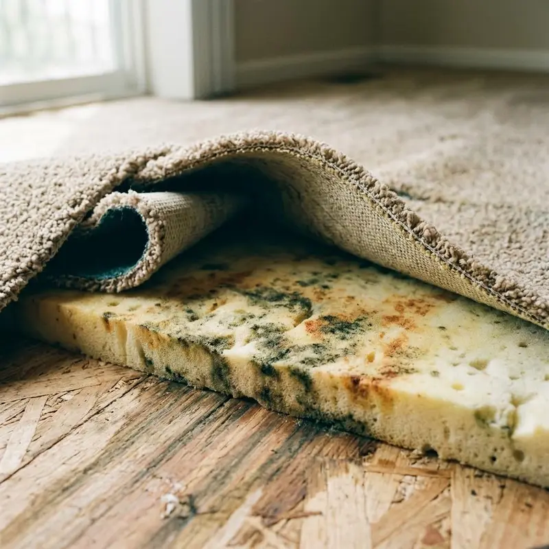 Cross section of carpet over foam padding with mold spotting through the pad