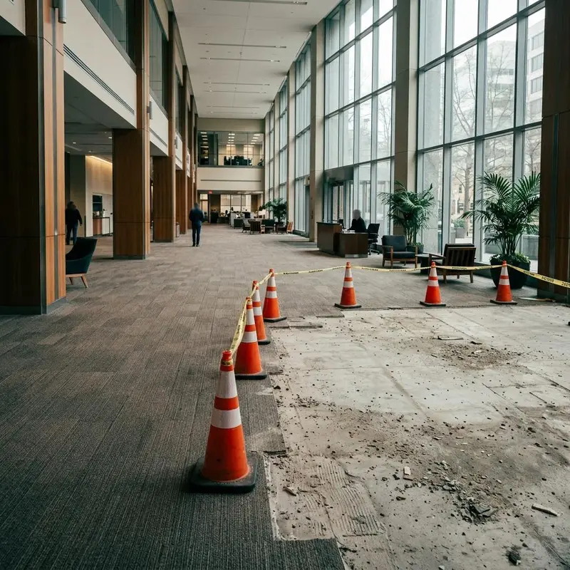 Commercial lobby with carpet tiles removed in one area exposing concrete behind safety cones