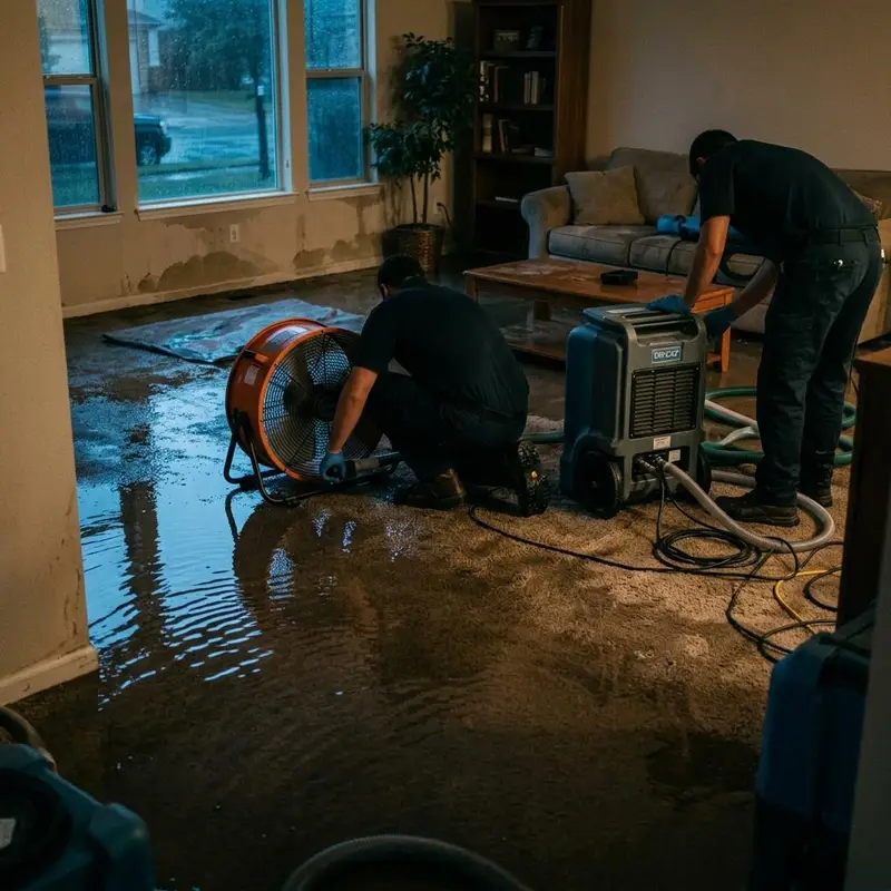Soaked living room carpet with fans and a dehumidifier being set up in the evening