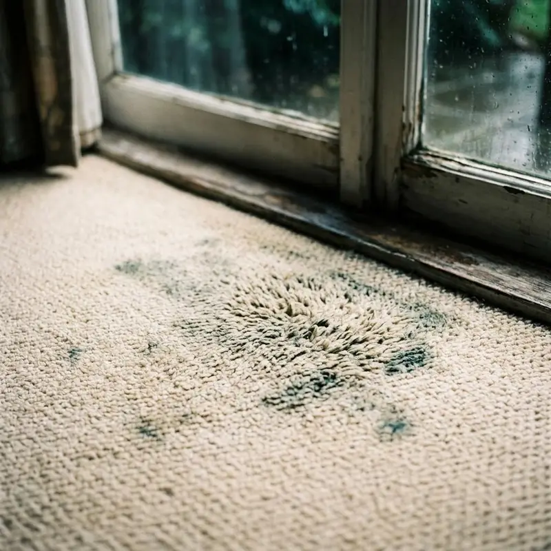 Cream carpet with mildew blotches near a window